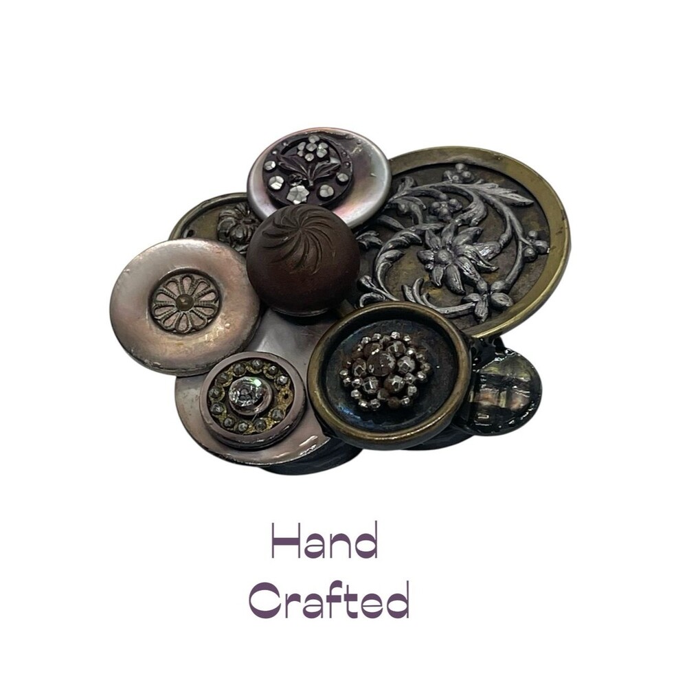 Hand Crafted Antique Buttons Silver Bronze Gold Metal Brooch NWT